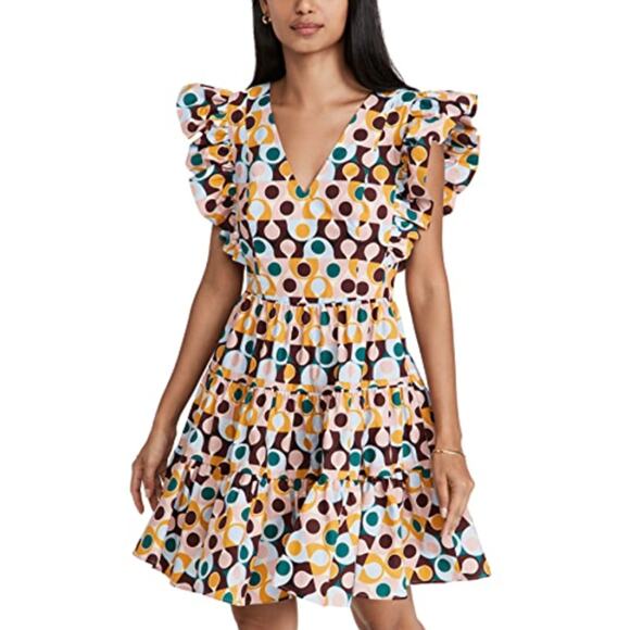 LA DOUBLE J Honeybun Cotton Poplin Mini Ruffle Flare Resort Dress Gumball Print - Picture 1 of 16